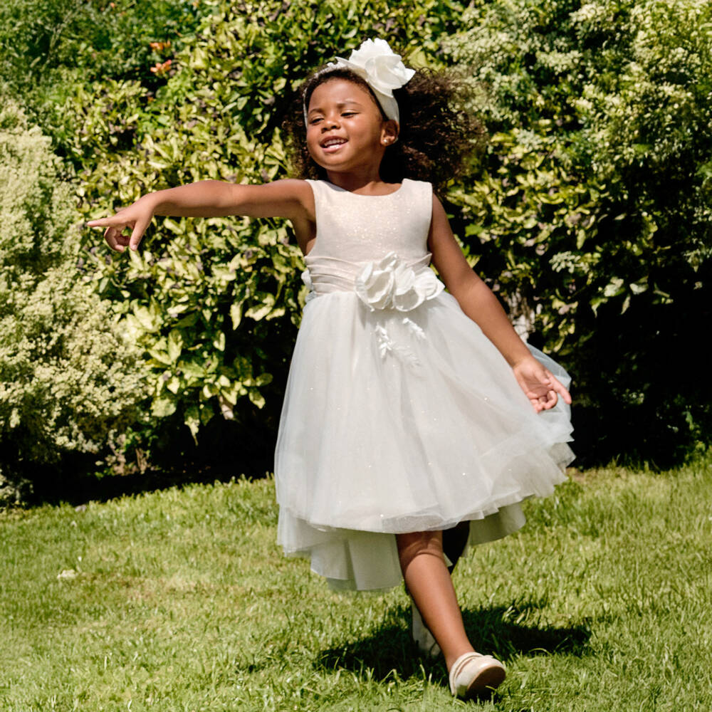 Abel & Lula-Girls Ivory & Beige Glitter Tulle Dress | Childrensalon