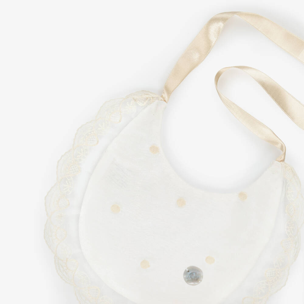 Artesanía Granlei-Baby Girls Ivory Bib with Lace Trim & Satin Ribbon Ties | Childrensalon