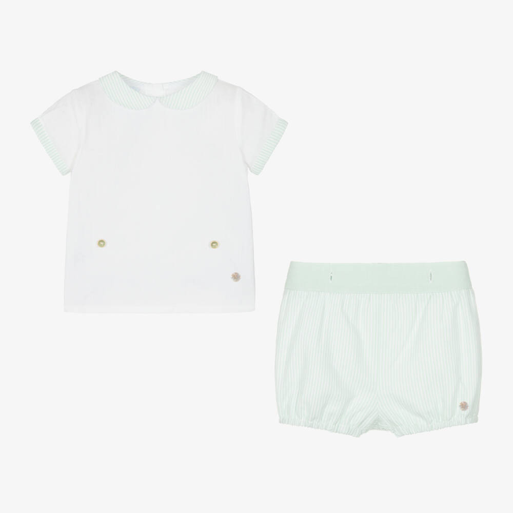 Artesanía Granlei-Boys White & Green Cotton Buster Suit | Childrensalon