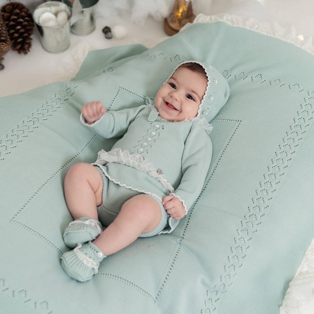 Artesanía Granlei-Duck Egg Green Lace Trim Knitted Baby Blanket (104cm) | Childrensalon
