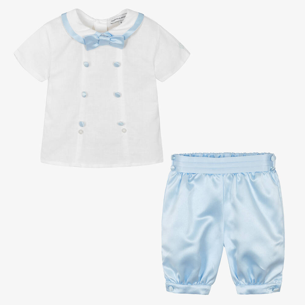 Beatrice & George-Boys Pale Blue Satin Buster Suit | Childrensalon