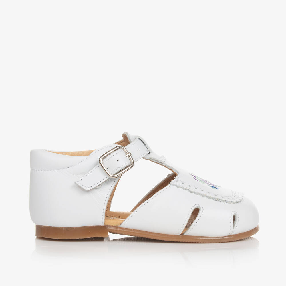Beatrice & George-Girls White Embroidered Floral Leather Shoes | Childrensalon