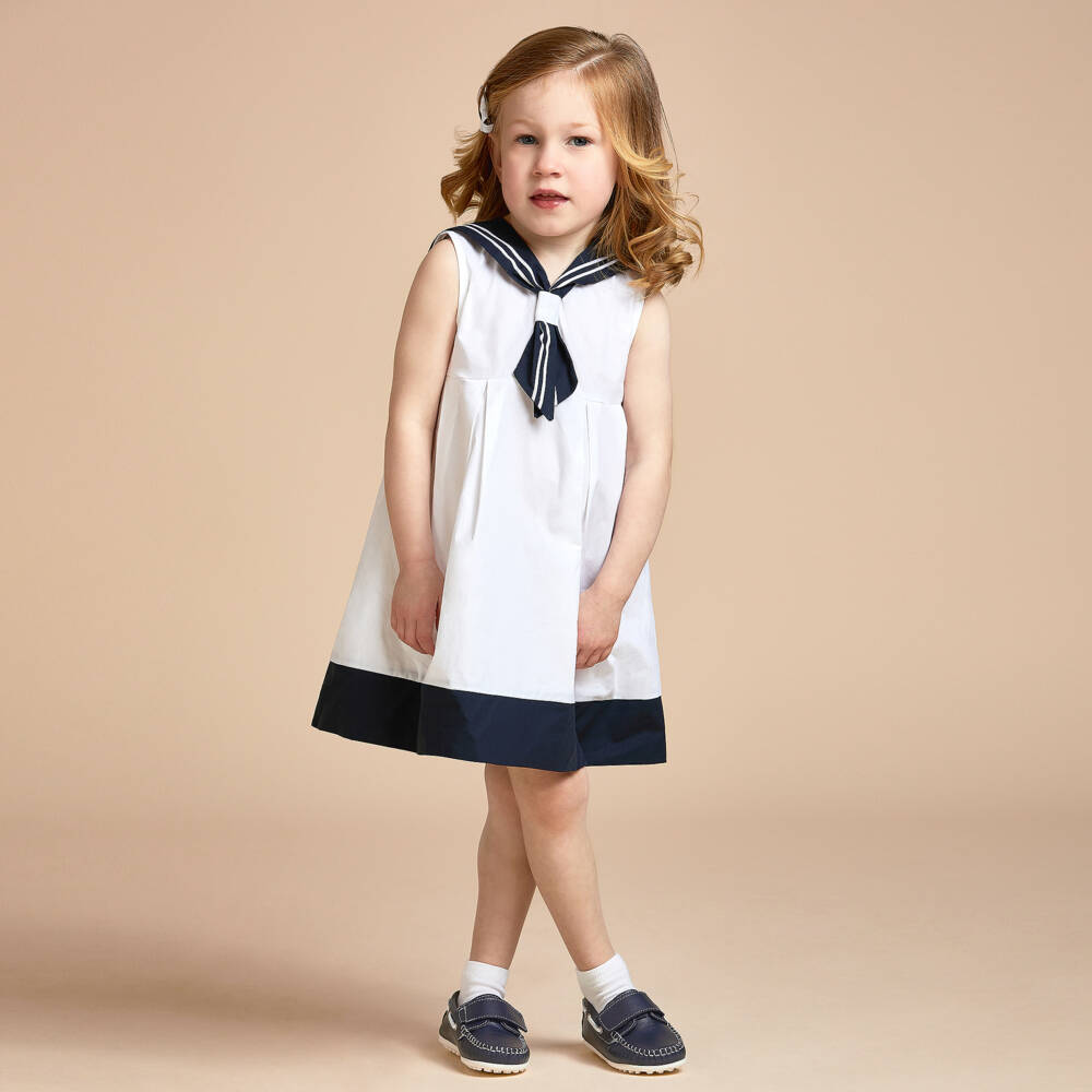 Beatrice & George-Girls White & Navy Blue Cotton Sailor Dress | Childrensalon