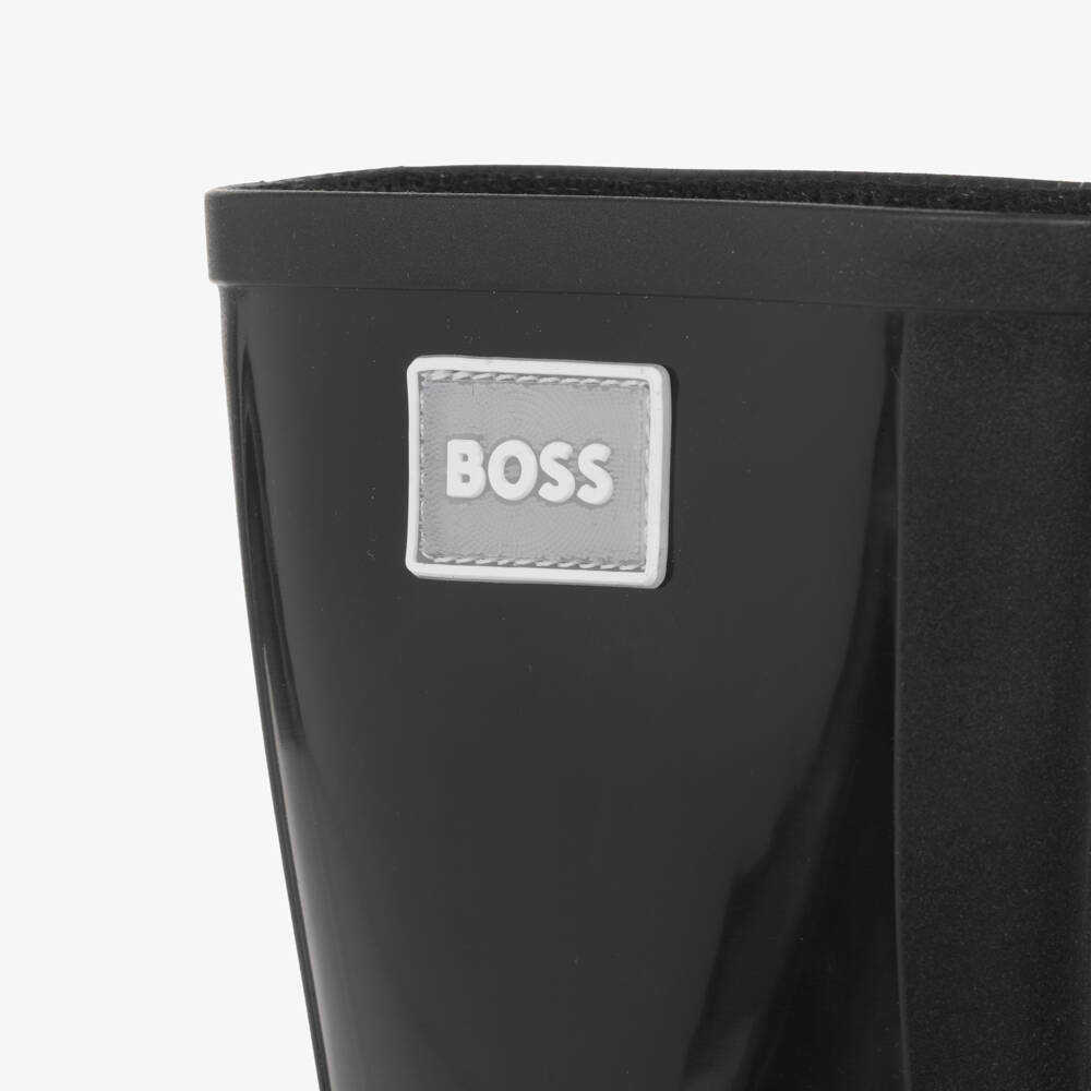 BOSS-Boys Black Rain Boots with Glossy Panels | Childrensalon