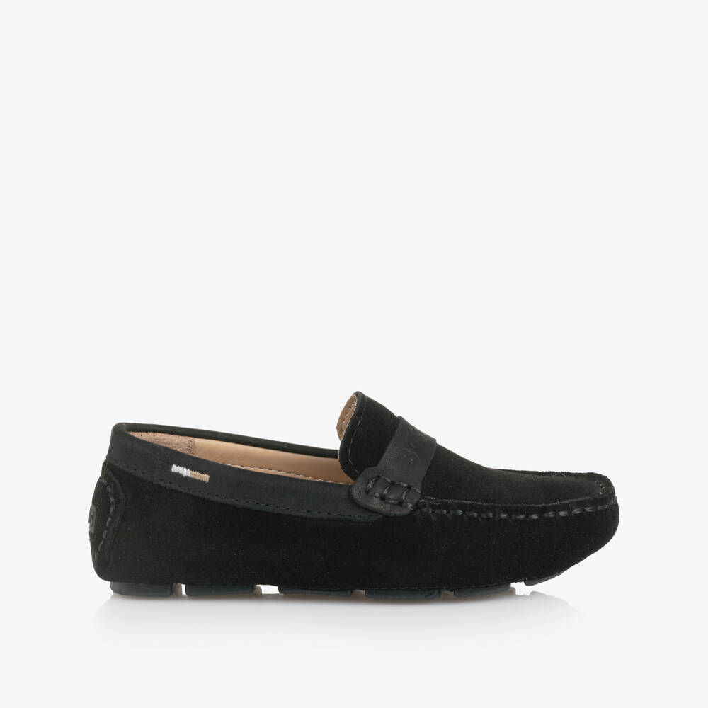 BOSS-Boys Black Suede Leather Loafers | Childrensalon