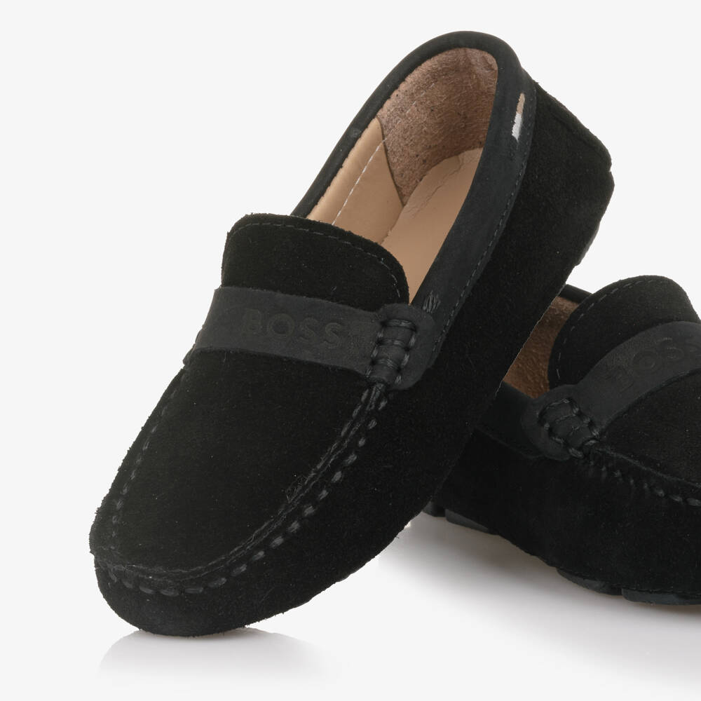 BOSS-Boys Black Suede Leather Loafers | Childrensalon