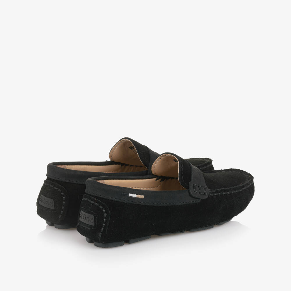 BOSS-Boys Black Suede Leather Loafers | Childrensalon