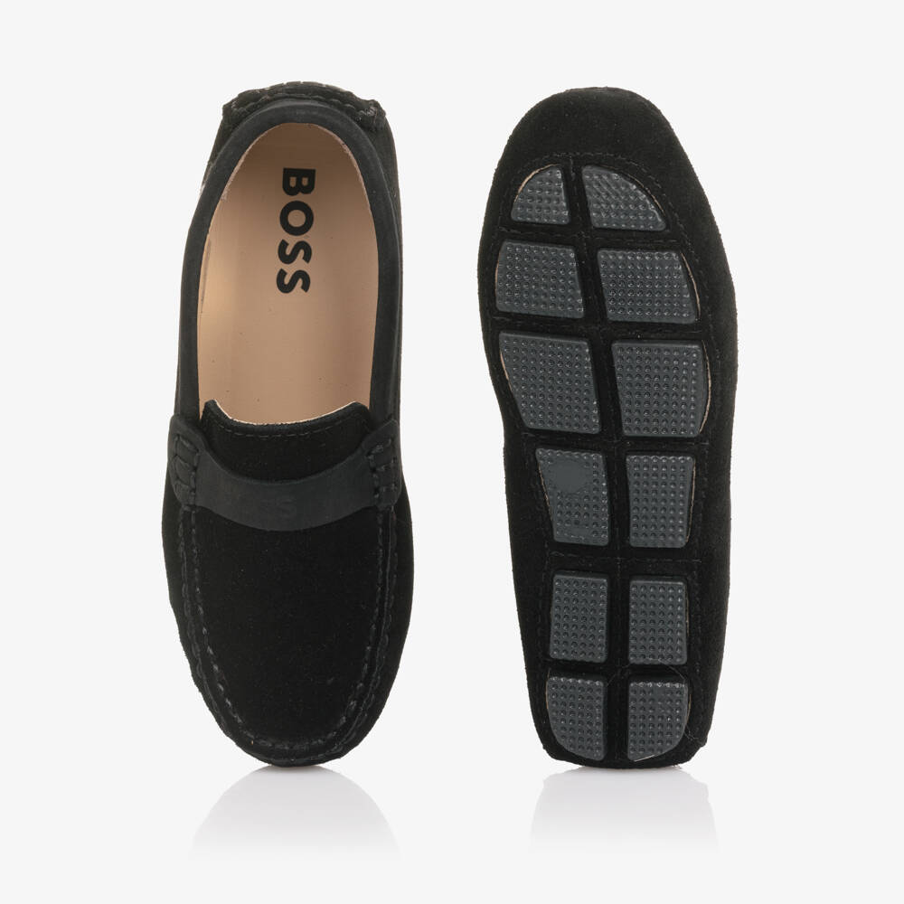 BOSS-Boys Black Suede Leather Loafers | Childrensalon