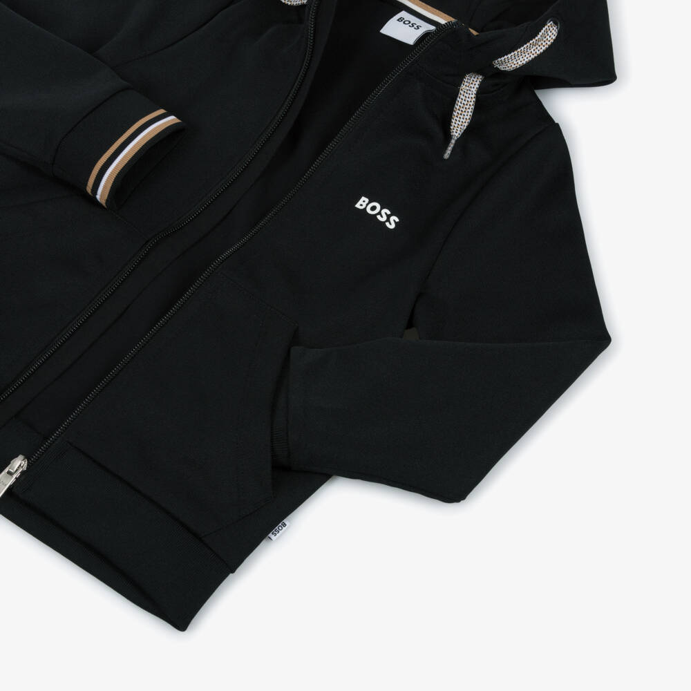 BOSS-Boys Black Zip-Up Hooded Tracksuit | Childrensalon