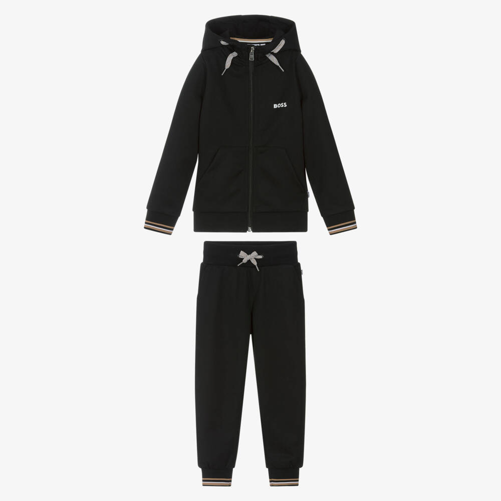 BOSS-Boys Black Zip-Up Hooded Tracksuit | Childrensalon