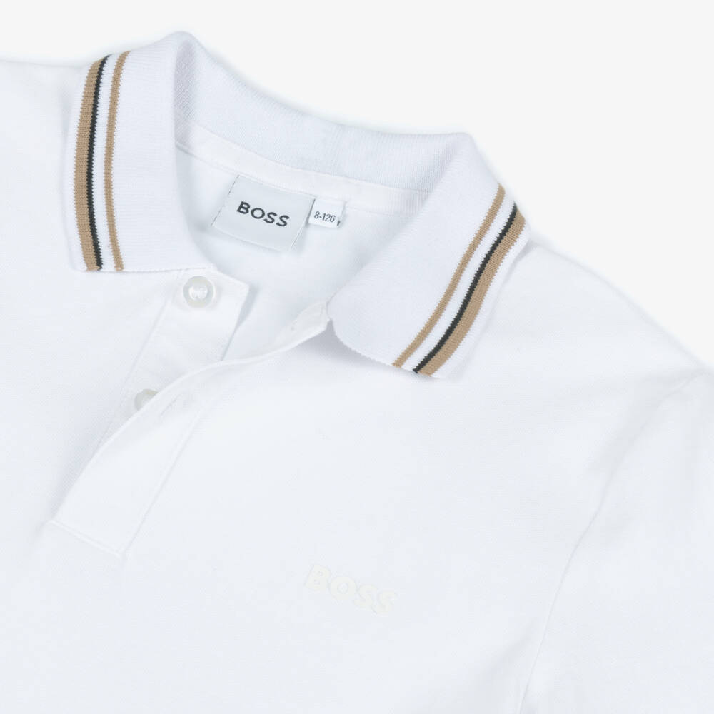 BOSS-Boys Short-Sleeved White Cotton Piqué Polo Shirt | Childrensalon
