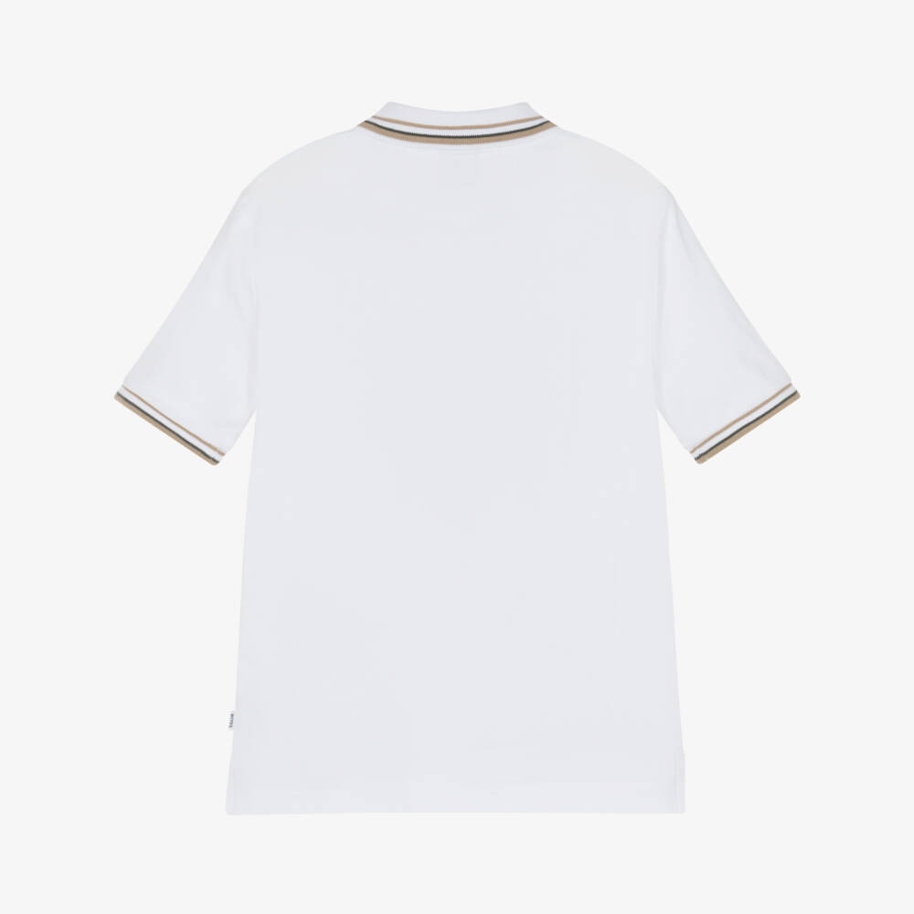 BOSS-Boys Short-Sleeved White Cotton Piqué Polo Shirt | Childrensalon