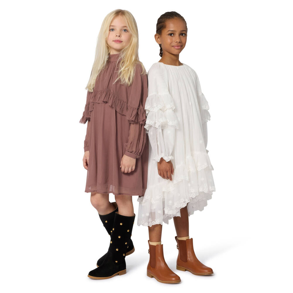 Chloé-Girls Pale Mulberry Pink Silk Crêpe Cape Dress | Childrensalon