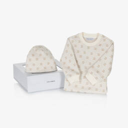Ivory & Beige Logo Cotton Babysuit Set