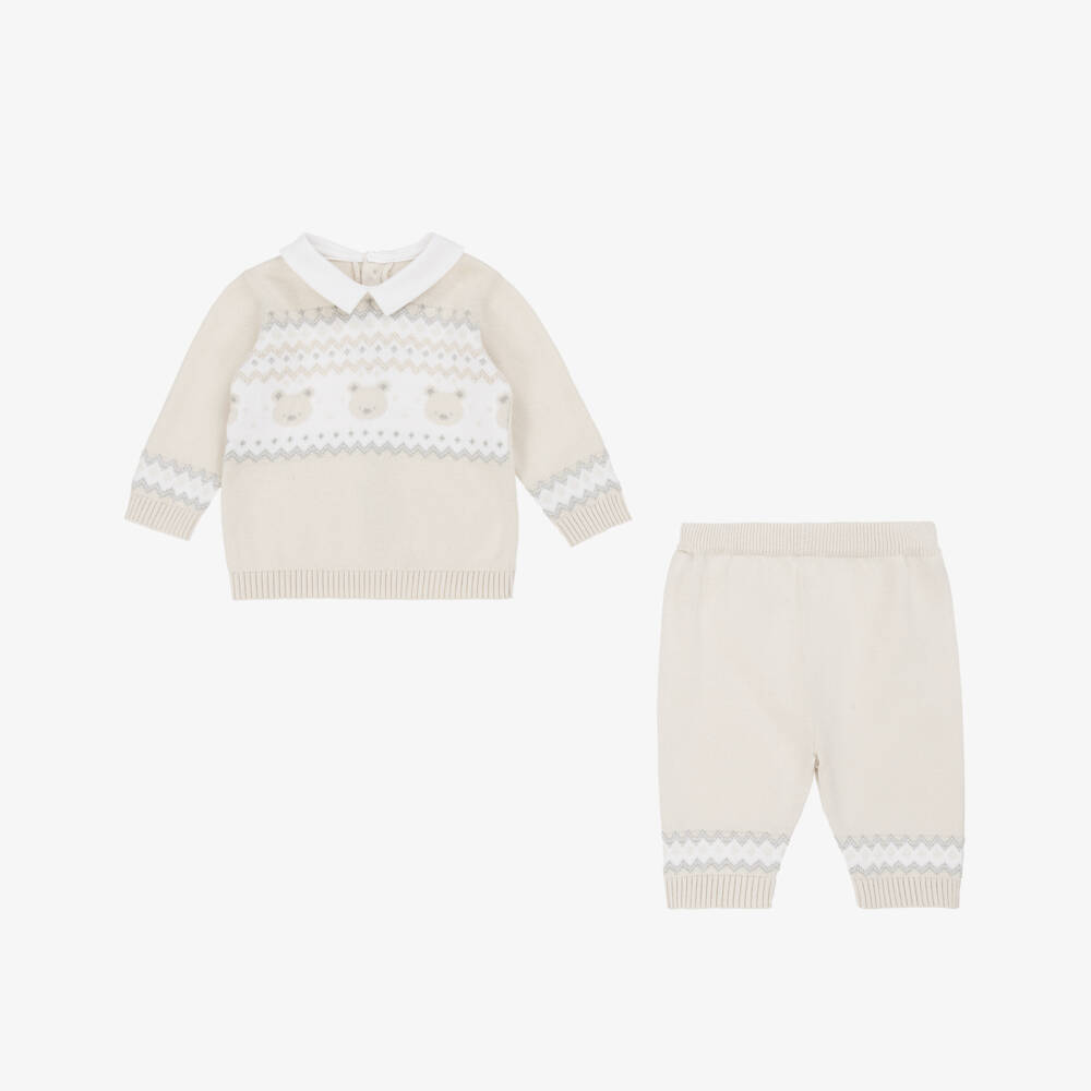 Emile et Rose-Baby Boys Beige Cotton Teddy Bear Trouser Set | Childrensalon
