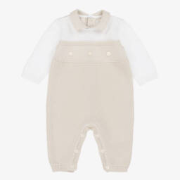 Beige & Ivory Cotton Knit Collared Romper