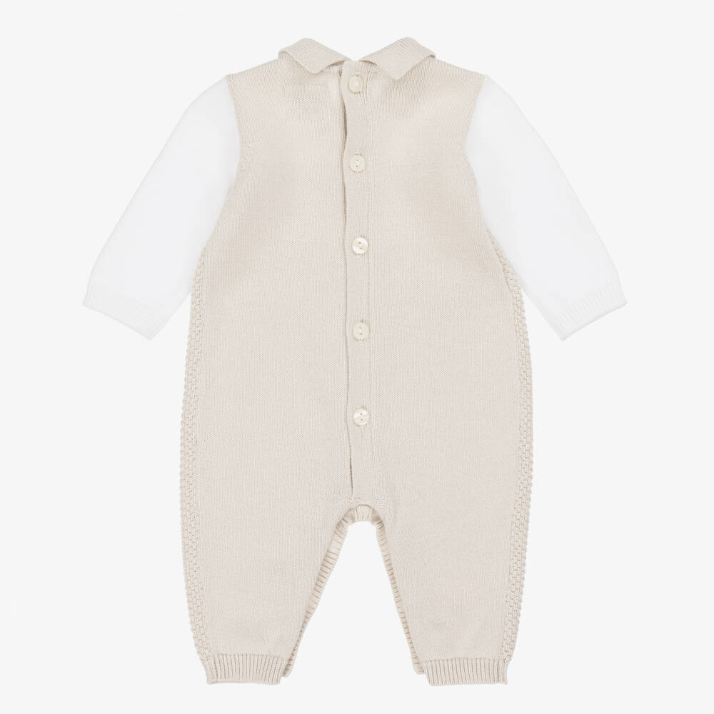 Emile et Rose-Beige & Ivory Cotton Knit Collared Romper | Childrensalon