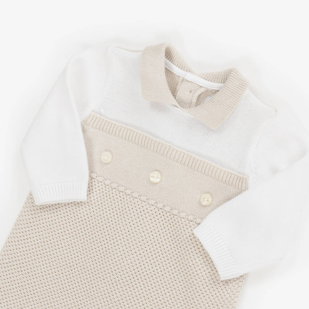 Emile et Rose-Beige & Ivory Cotton Knit Collared Romper | Childrensalon