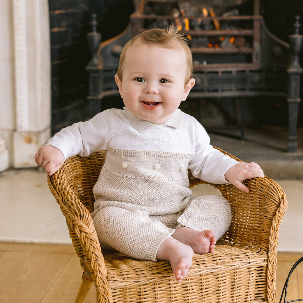 Emile et Rose-Beige & Ivory Cotton Knit Collared Romper | Childrensalon
