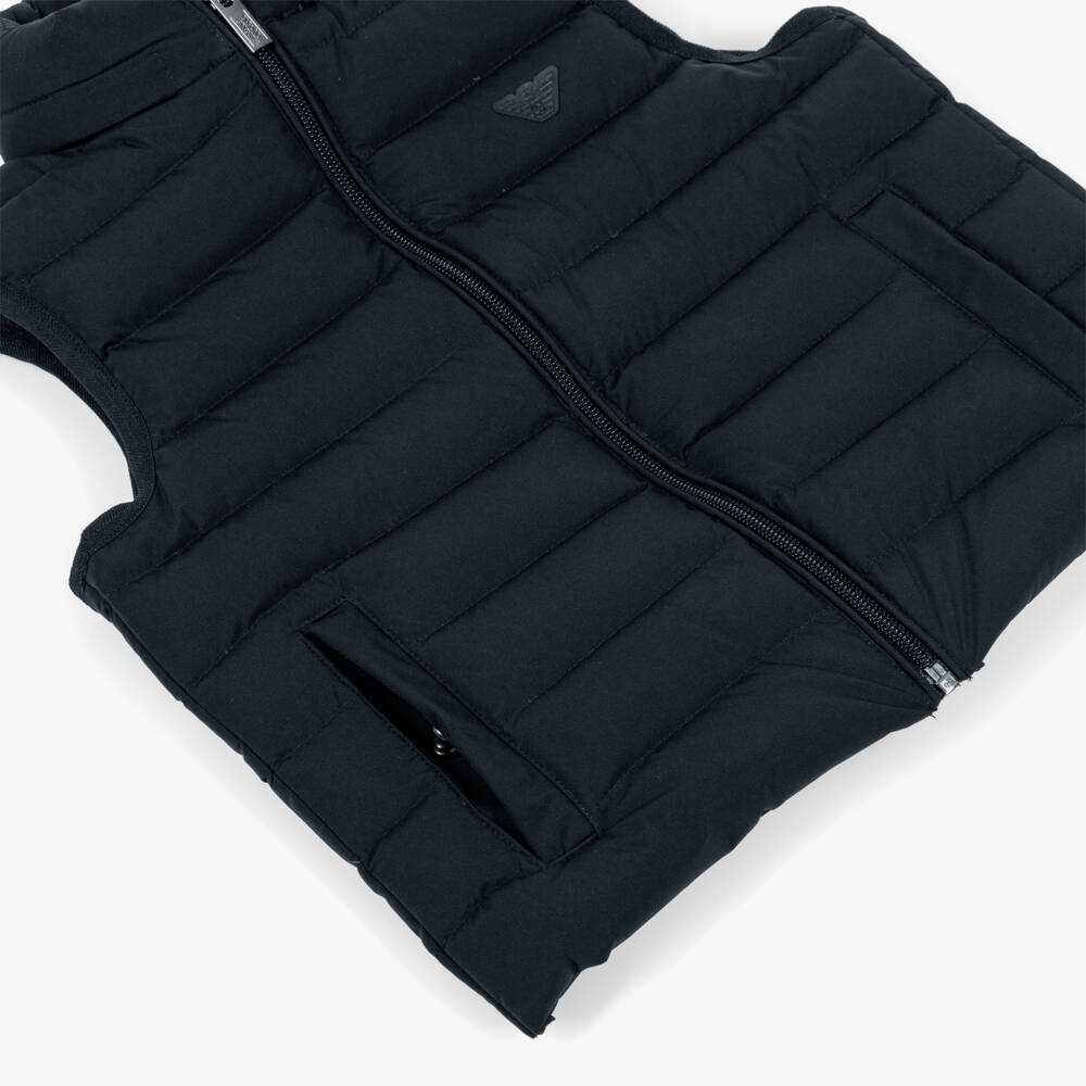 Emporio Armani-Boys Blue Hooded Down Puffer Gilet with Eagle Logo | Childrensalon