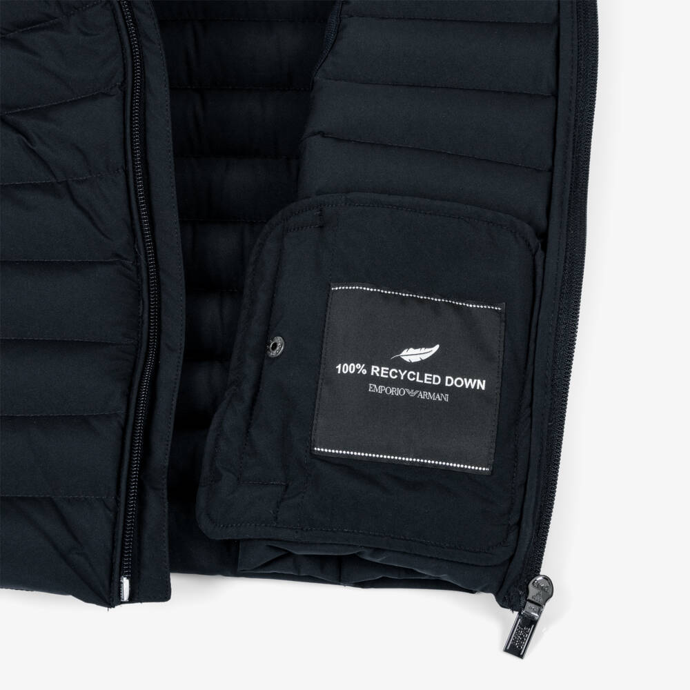 Emporio Armani-Boys Blue Hooded Down Puffer Gilet with Eagle Logo | Childrensalon