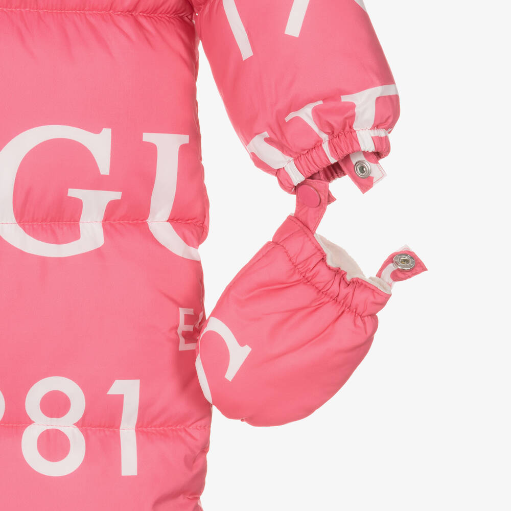 Guess-Girls Pink Logo Print Snowsuit | Childrensalon