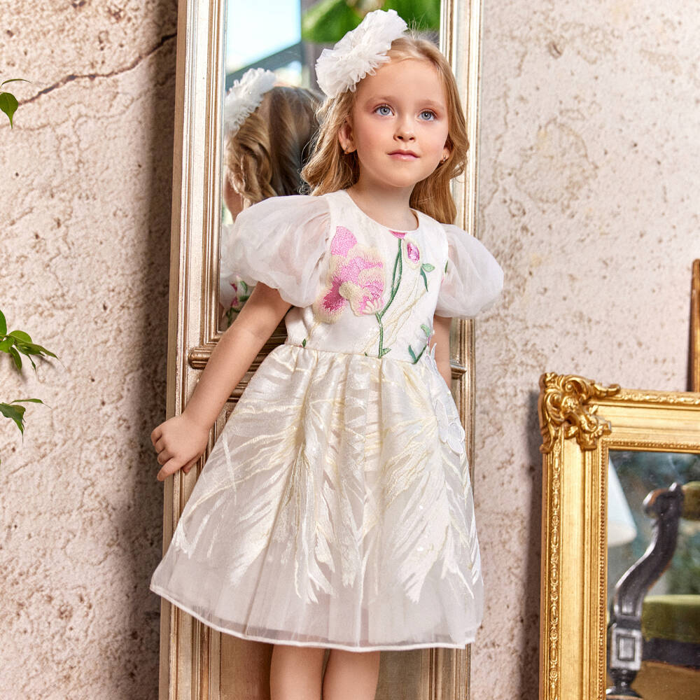 Junona-Girls White Embroidered Tulle Dress | Childrensalon