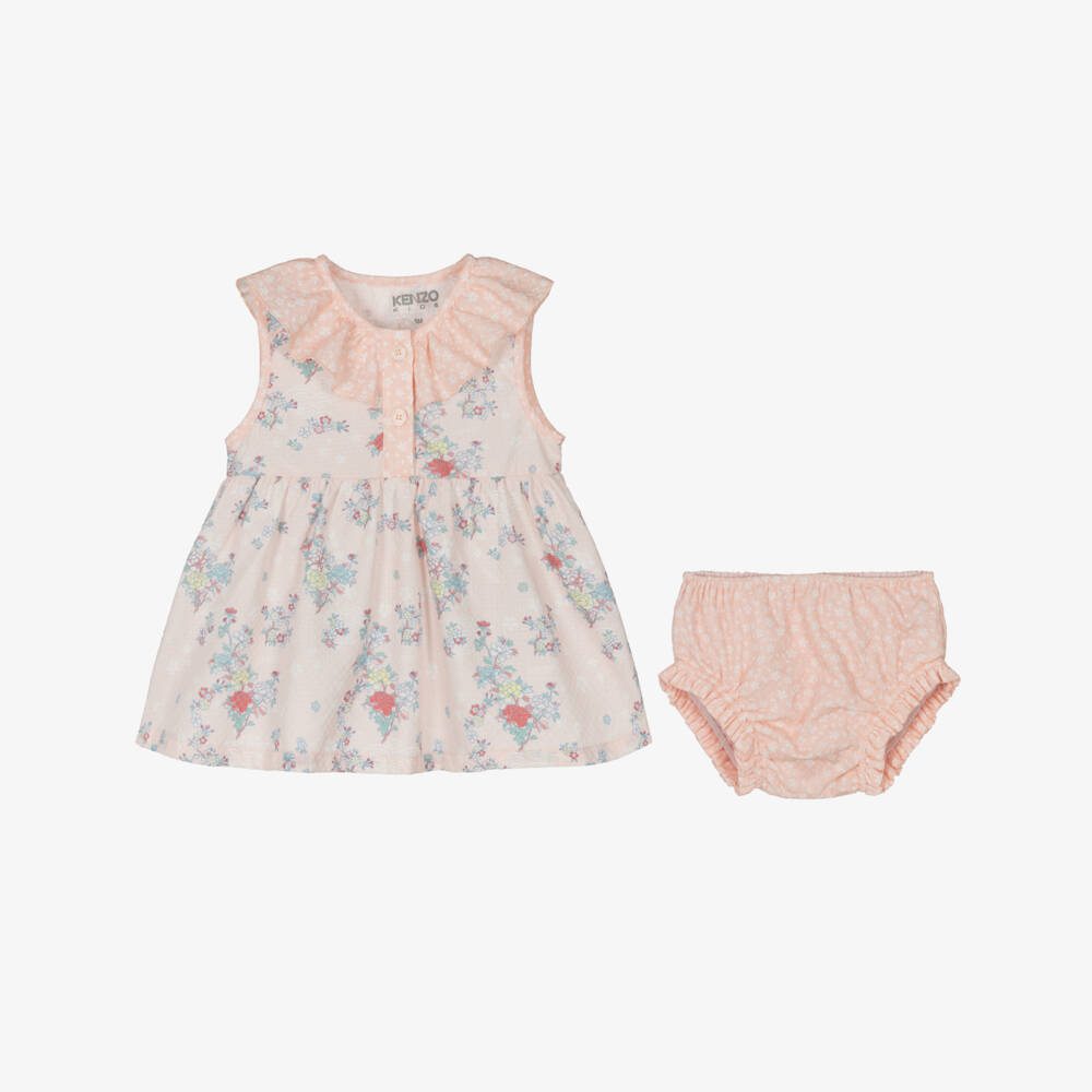 KENZO KIDS-Baby Girls Pink Floral Basketweave Cotton Dress | Childrensalon