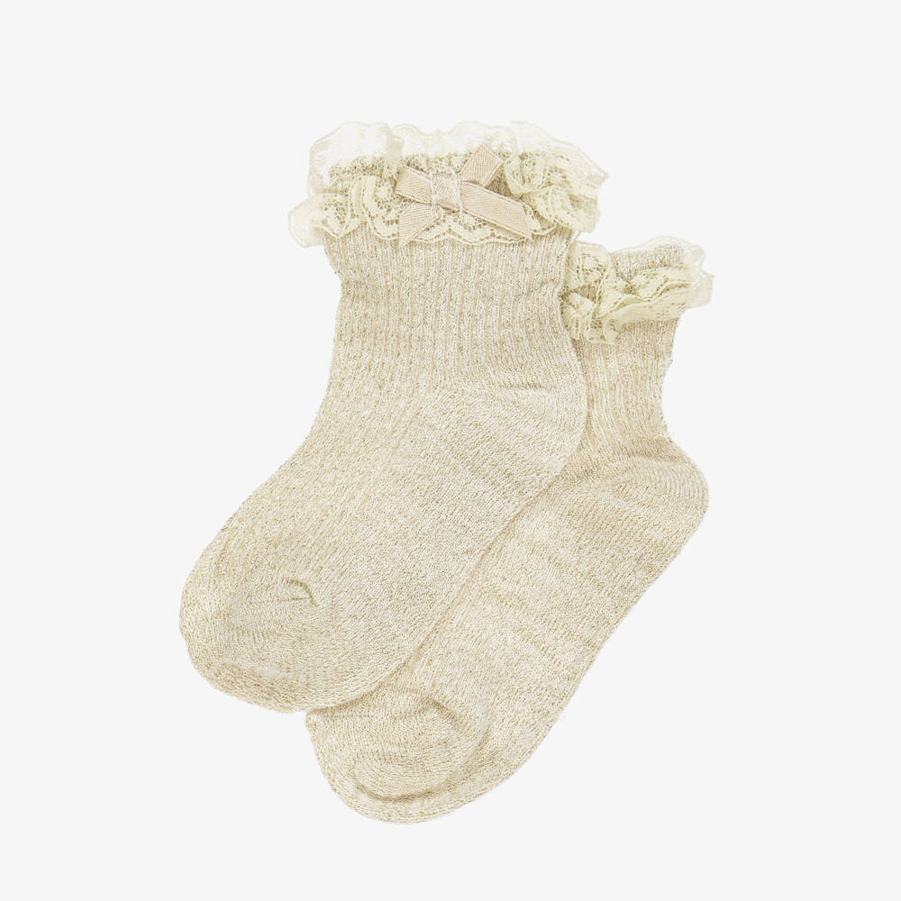 Mayoral Newborn-Baby Girls Gold Lace Ruffle Socks  | Childrensalon
