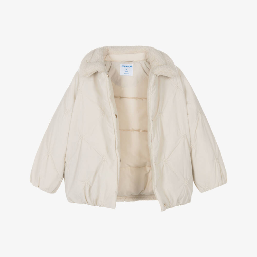 Mayoral-Girls Beige Quilted Jacket with Sherpa Fleece Collar | Childrensalon