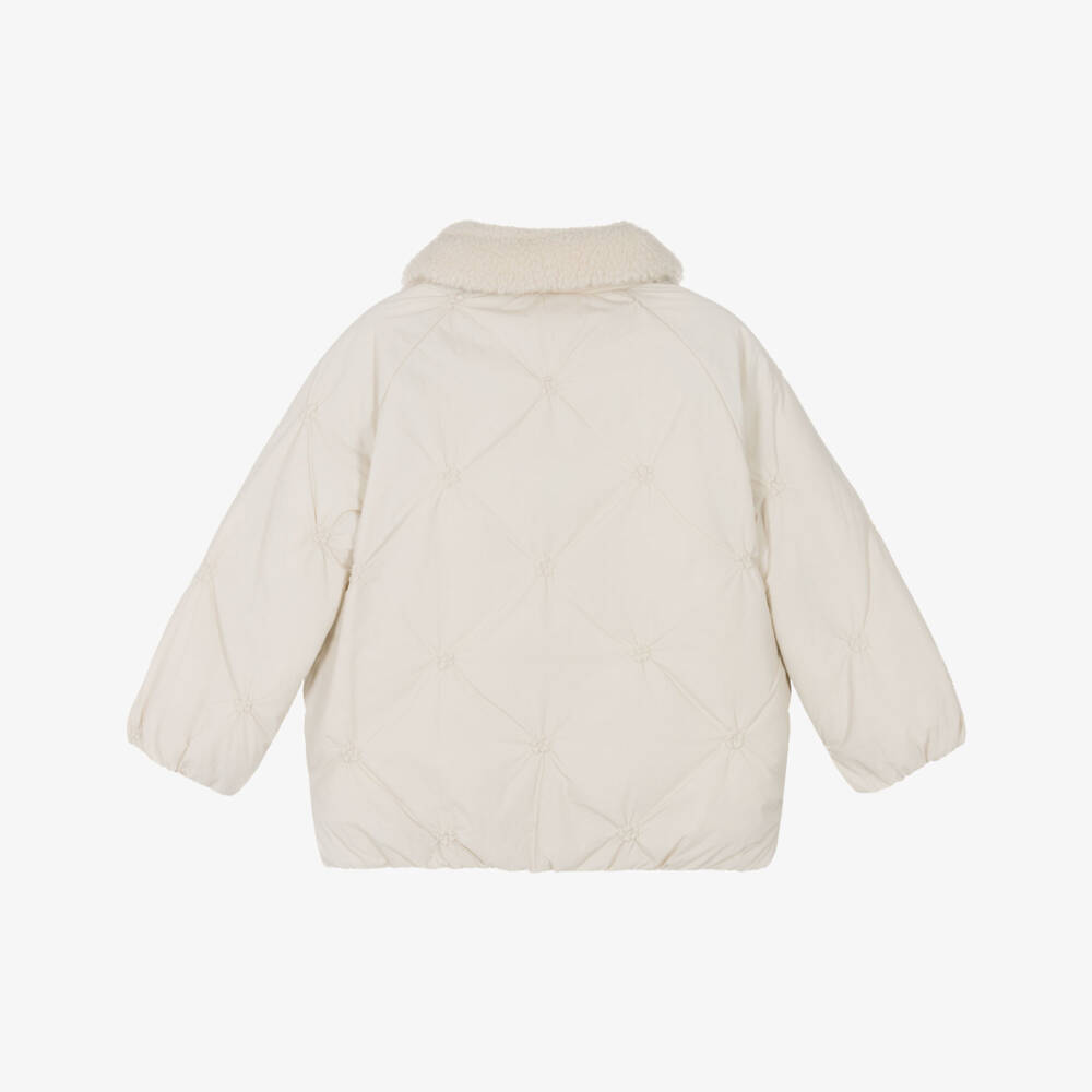 Mayoral-Girls Beige Quilted Jacket with Sherpa Fleece Collar | Childrensalon