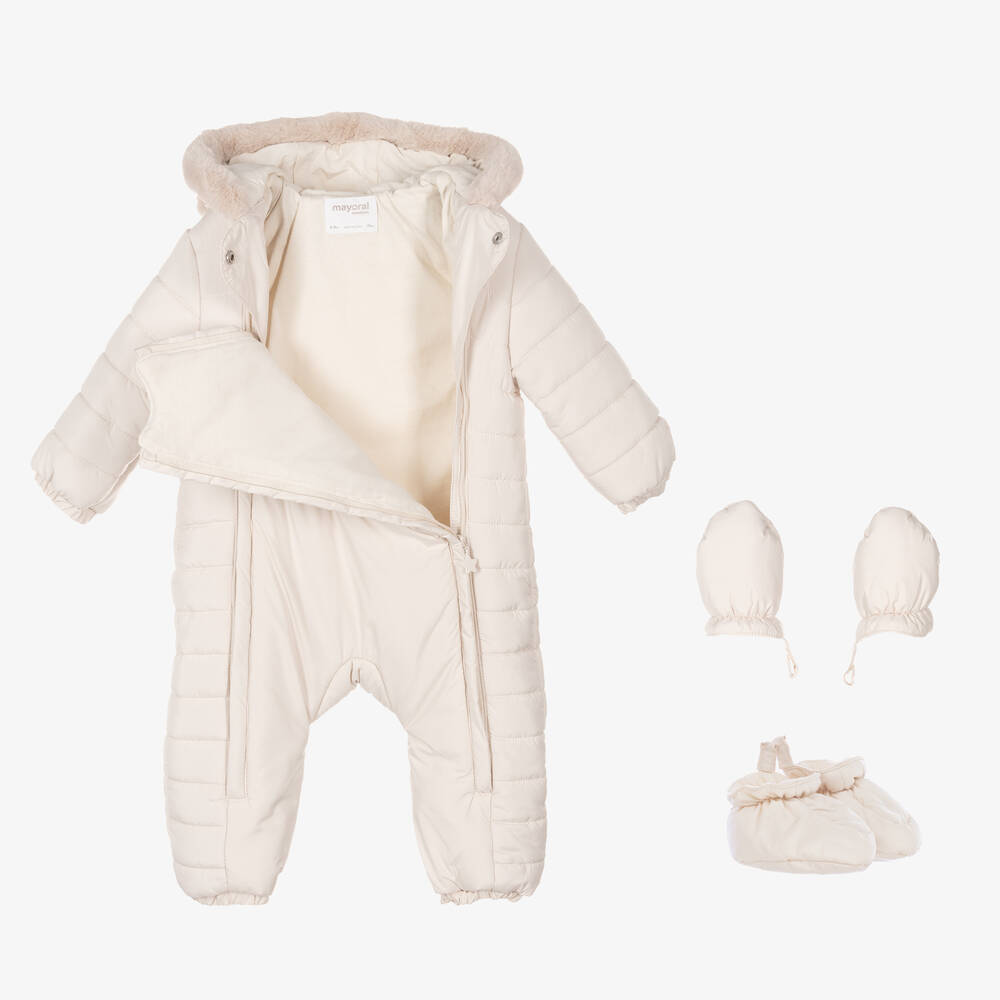 Mayoral Newborn-Ivory Padded Bunny Snowsuit | Childrensalon