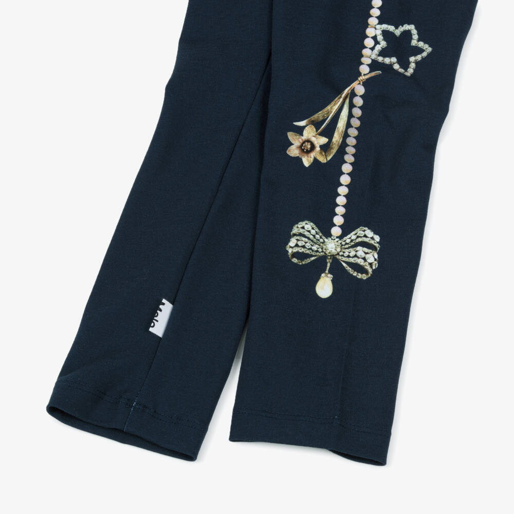 Molo-Girls Blue Cotton Leggings with Jewellery Print | Childrensalon