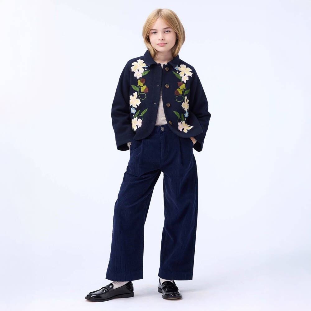 Molo-Girls Navy Blue Wool Embroidered Jacket | Childrensalon
