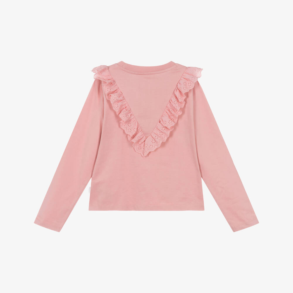 Molo-Girls Pink Organic Cotton Broderie Ruffle Trim Top | Childrensalon