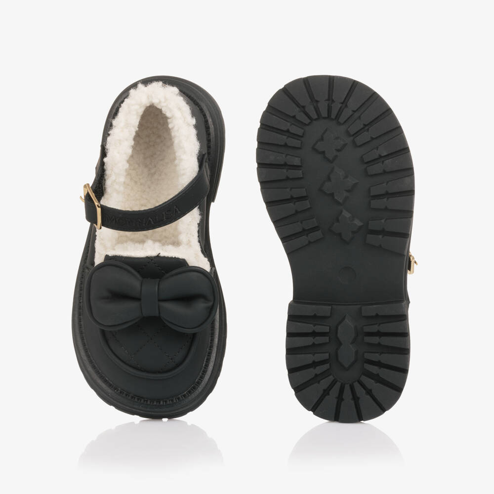 Monnalisa-Girls Black Bar Shoes with Sherpa Fleece Lining | Childrensalon