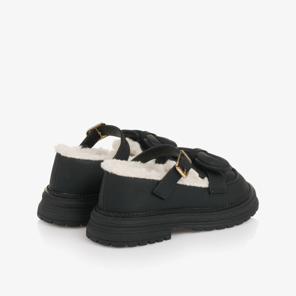 Monnalisa-Girls Black Bar Shoes with Sherpa Fleece Lining | Childrensalon