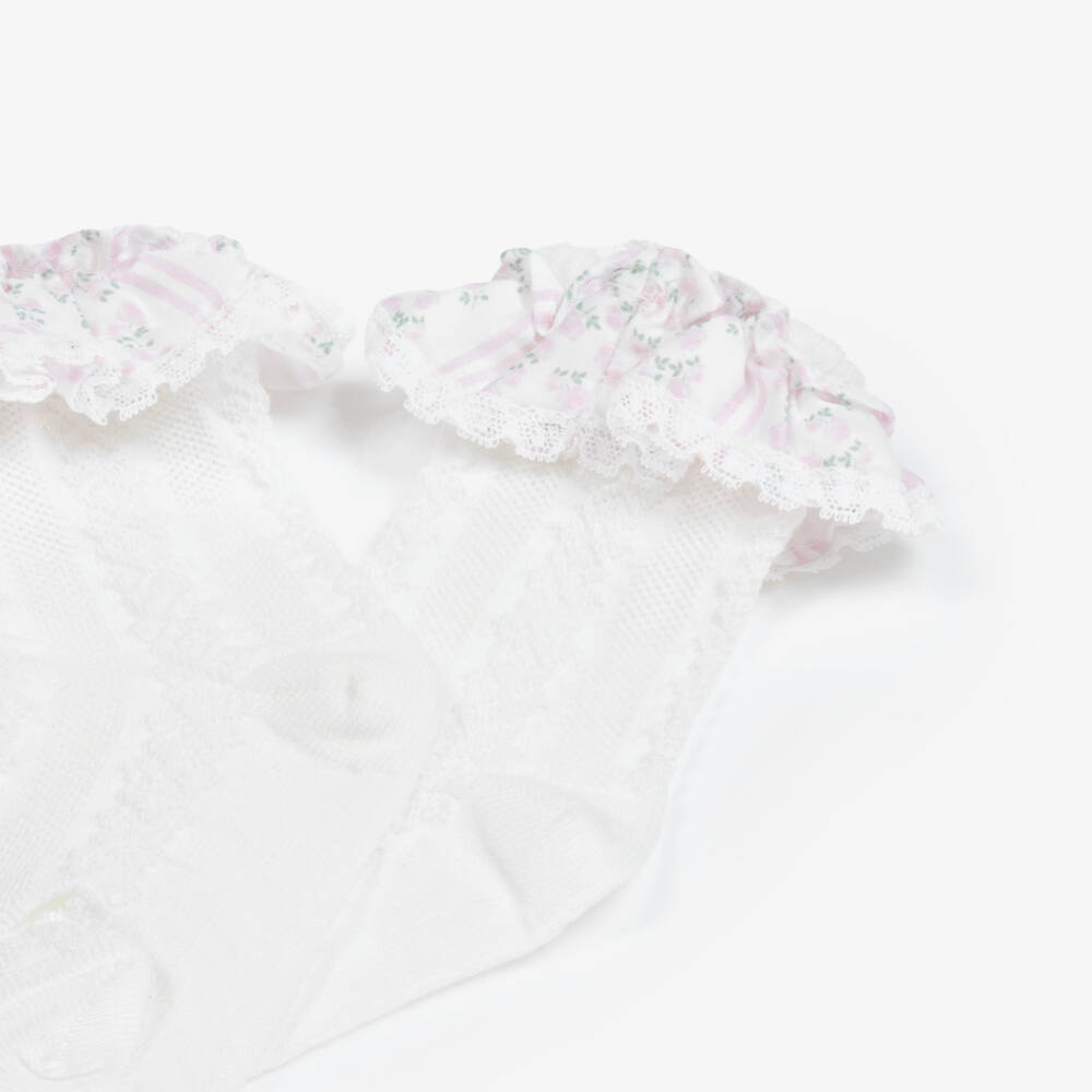 Patachou-Baby Girls White Floral Stripes Frill Socks | Childrensalon