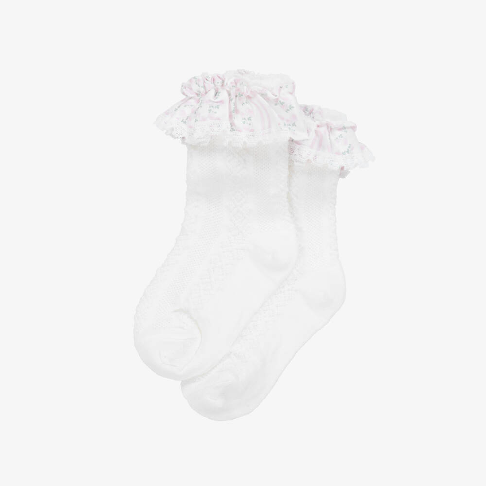 Patachou-Baby Girls White Floral Stripes Frill Socks | Childrensalon
