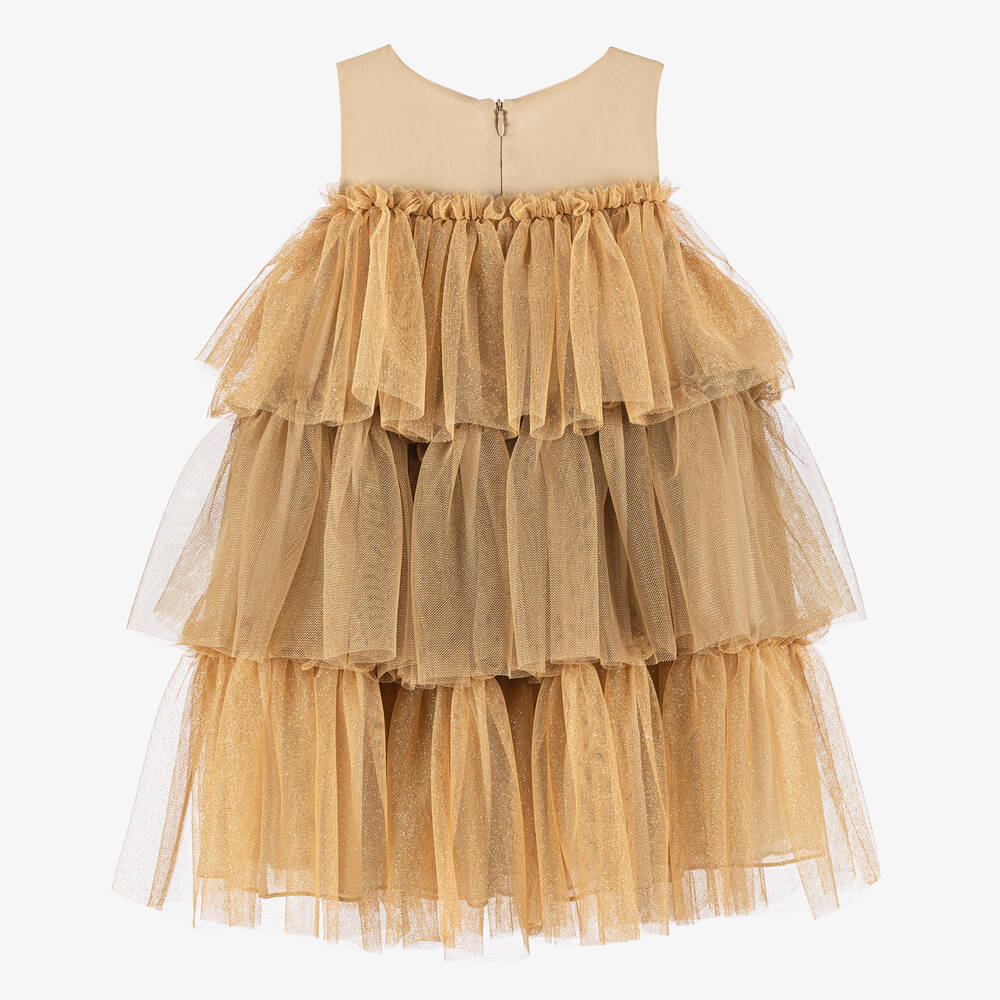 Patachou-Girls Glittery Gold Tiered Tulle Dress | Childrensalon