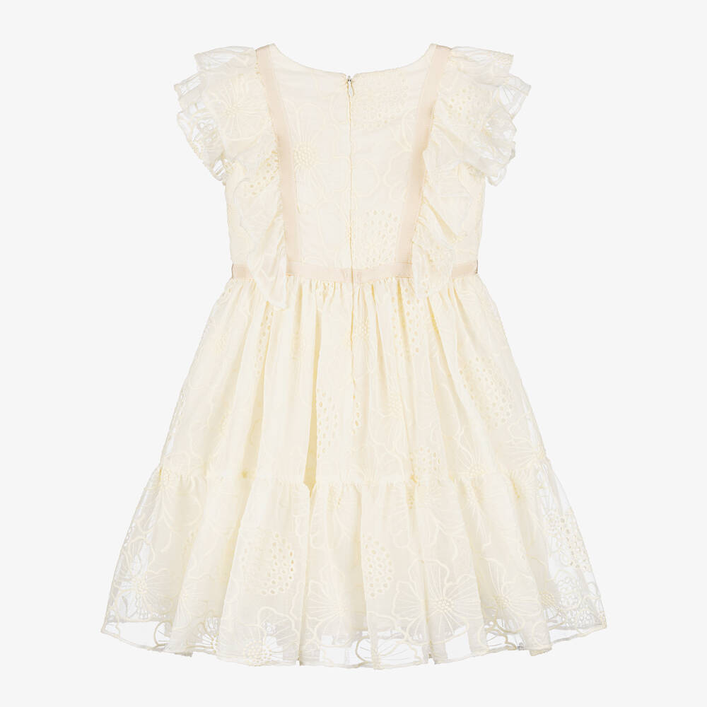 Patachou-Girls Ivory Embroidered Chiffon Dress | Childrensalon