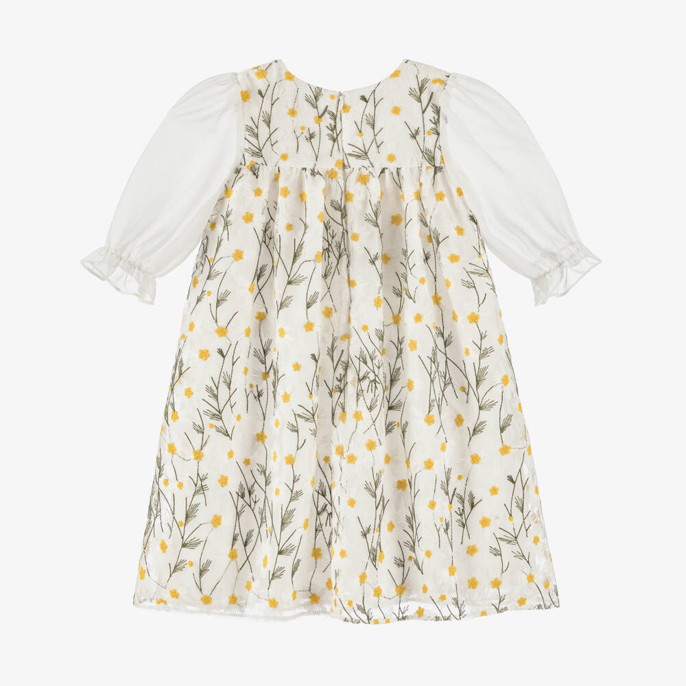 Patachou-Girls White Organza Embroidered Daisy Dress | Childrensalon