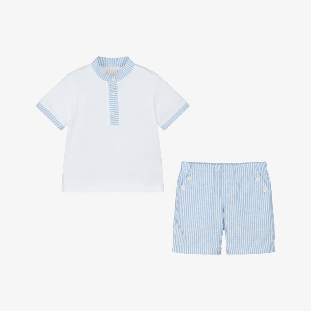 PAZ Rodríguez-Boys White & Blue Cotton Shorts Set | Childrensalon