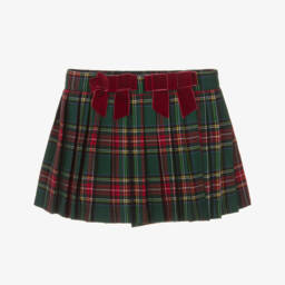 Girls Green Tartan Pleated Skirt with Red Velvet Bows