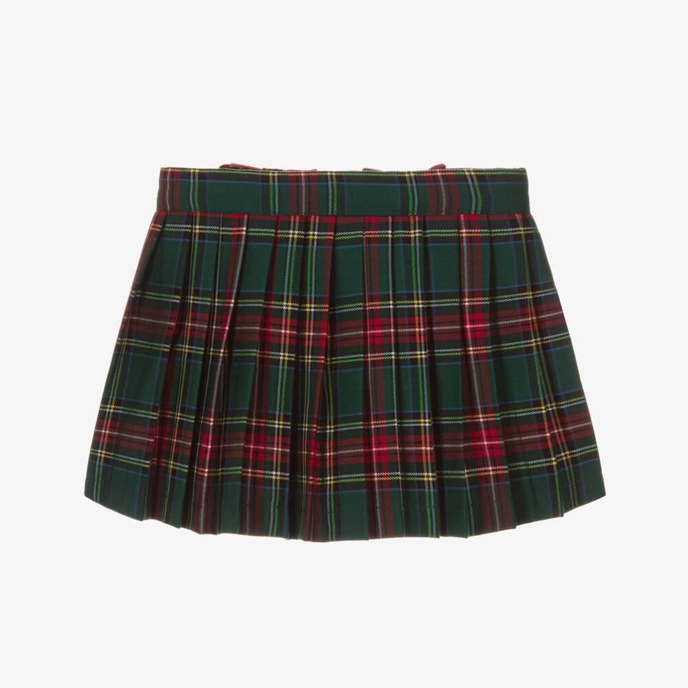 Phi Clothing-Girls Green Tartan Pleated Skirt with Red Velvet Bows | Childrensalon