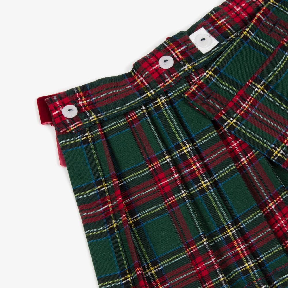 Phi Clothing-Girls Green Tartan Pleated Skirt with Red Velvet Bows | Childrensalon