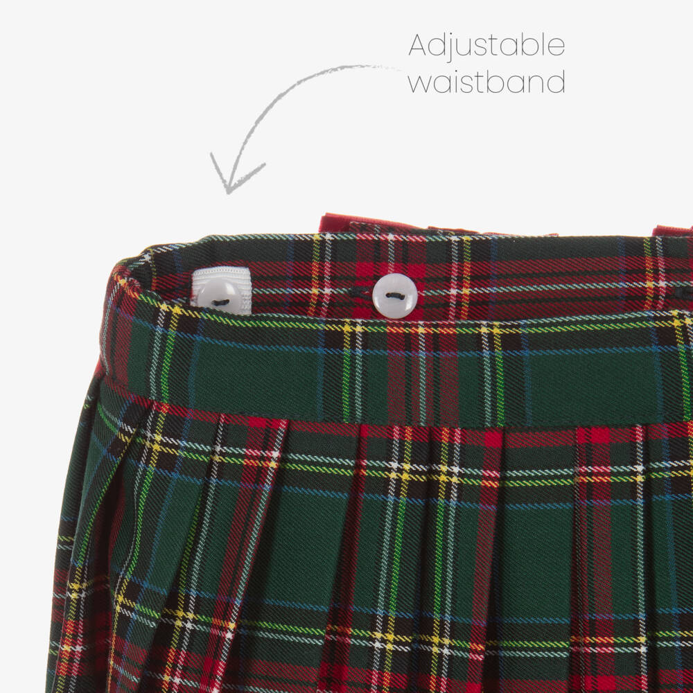 Phi Clothing-Girls Green Tartan Pleated Skirt with Red Velvet Bows | Childrensalon