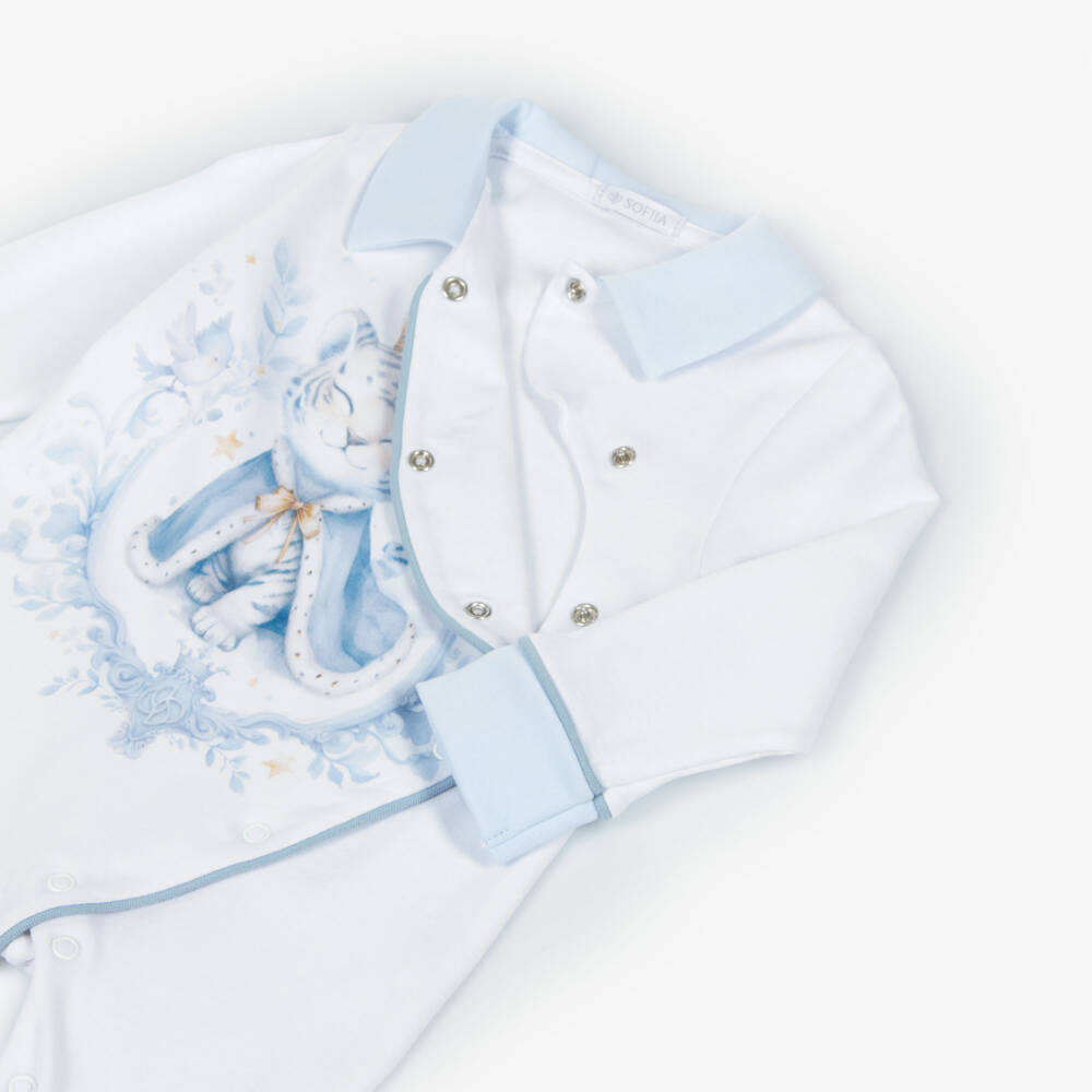 Sofija-Boys White Cotton Tiger Print Babygrow | Childrensalon