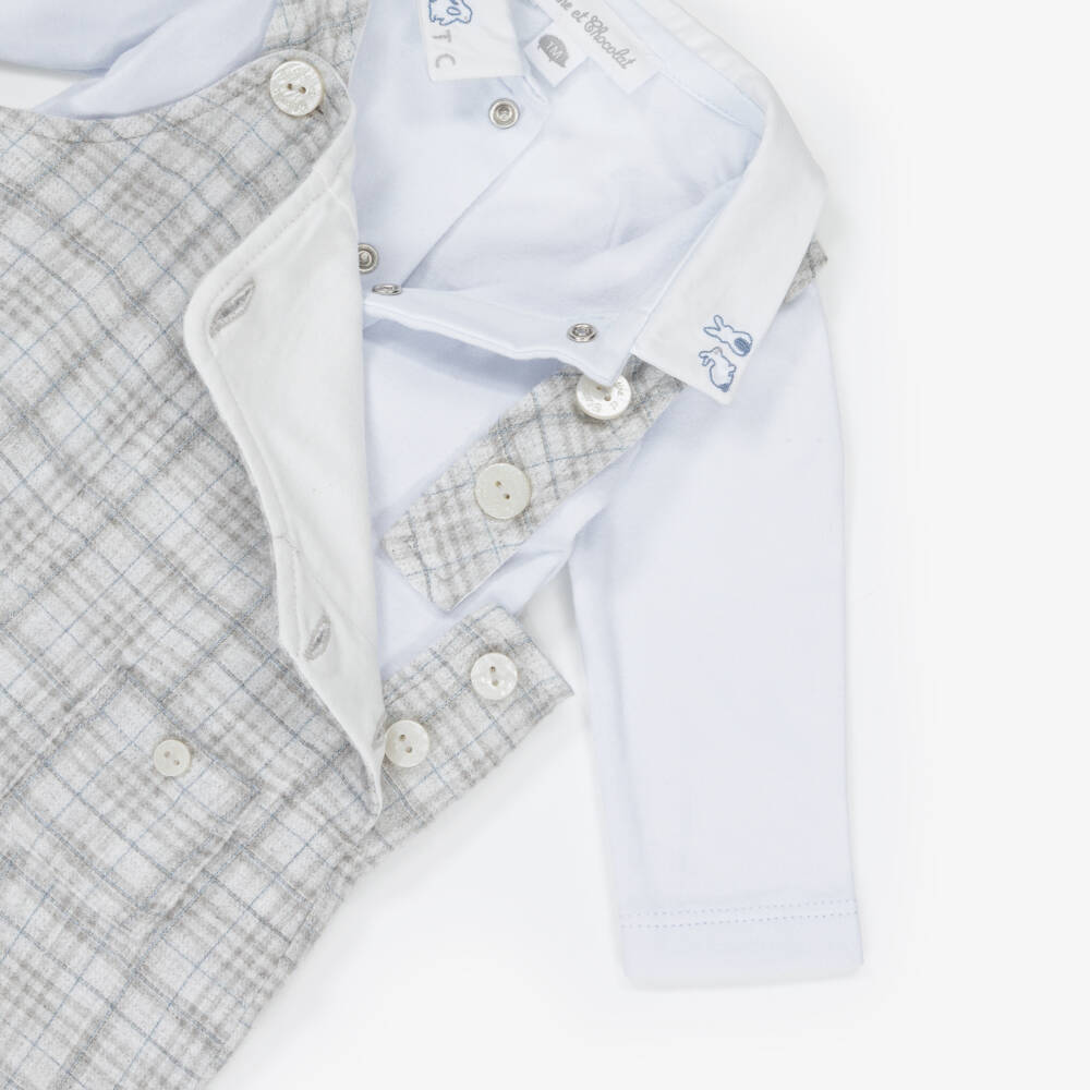 Tartine et Chocolat-Baby Boys Blue & Grey Check Cotton Dungarees Set | Childrensalon