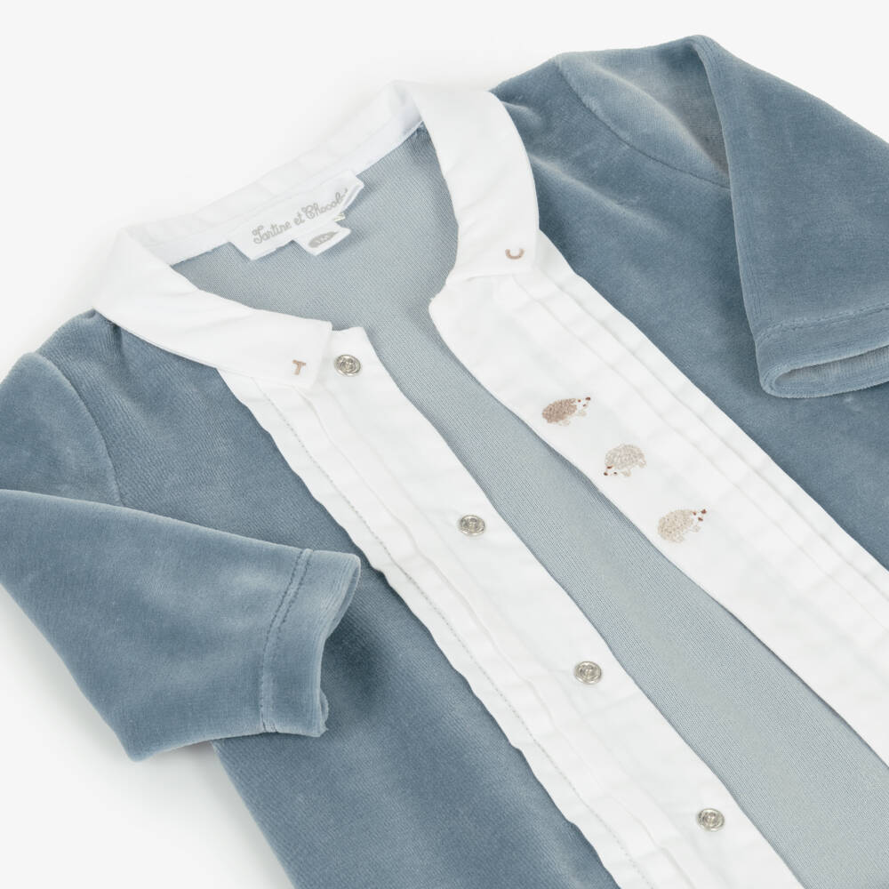 Tartine et Chocolat-Boys Blue Velour Hedgehog Babygrow | Childrensalon